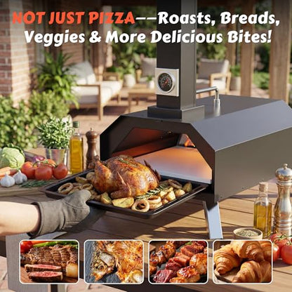 Pizza Oven Outdoor With a Thermometer, Portable Wood Fire Pizza Oven Stainless Steel Pizza Maker for Backyard or Outside Camping, Pizza Stone(11.25inch*11.25inch)