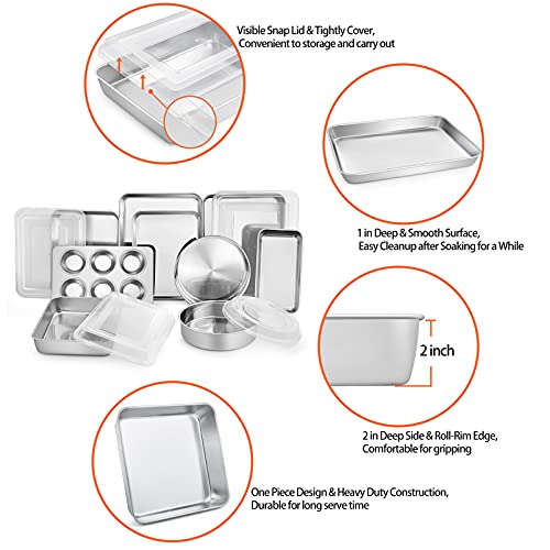 TeamFar Stainless Steel Bakeware Set, 13-Piece Metal Baking Roasting Pans with Lid, Rectangular/Square/Round/Lasagna/Loaf/Muffin Cake Pans, Non-Toxic & Sturdy, Smooth & Dishwasher Safe