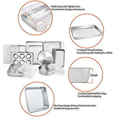 TeamFar Stainless Steel Bakeware Set, 13-Piece Metal Baking Roasting Pans with Lid, Rectangular/Square/Round/Lasagna/Loaf/Muffin Cake Pans, Non-Toxic & Sturdy, Smooth & Dishwasher Safe