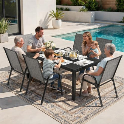 PATIOPIA 7PCS Patio Dining Set, Steel Table & 6 Textilene Chairs, Charcoal