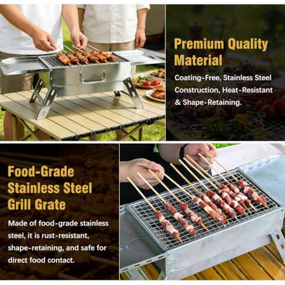 Zarkind Portable Tabletop Charcoal Grill, Foldable Stainless Steel Mini BBQ Grill with Carry Bag, Lightweight Small Camping Picnic Travel Tailgating Patio Grill