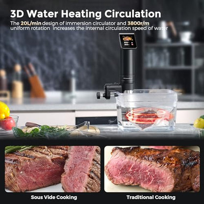 KitchenBoss WIFI Sous Vide Cooker: Ultra-Quiet Sous-vide Cooking Machine 1100 Watts Stainless Steel Immersion Circulator for Kitchen with TFT Preset Recipes (Black)