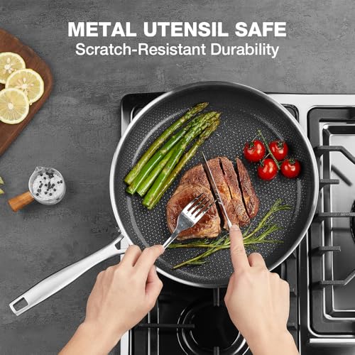 PekGema Hybrid Nonstick Frying Pan 10inch，5-Ply Stainless Steel Skillet,Ceramic Coating PFAS-Free.Oven-Safe 500°F,Compatible with All Cooktops,Stay-CoolHandle,Dishwasher-Friendly