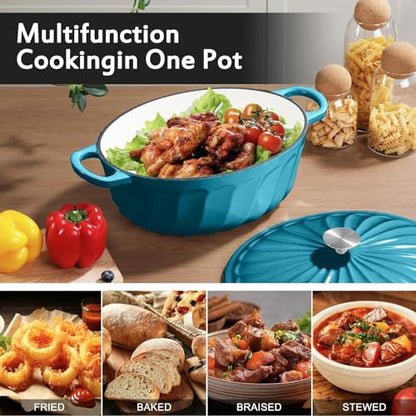 NSIRONS Enameled Dutch Oven Pot with Lid, 7 QT Cast Iron Dutch Oven with Dual Handles, Oval Dutch Oven for Cooking, Bread Baking, Frying, Non-stick Enamel Coated Oven (Blue-Green)