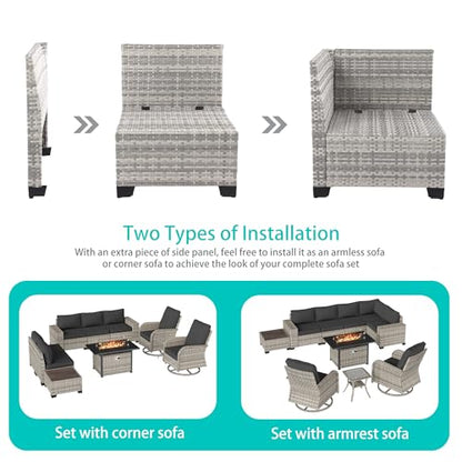 Muphyers 10-Piece Outdoor Patio Furniture Set with Rocking Swivel Chair, PE Wicker Rattan Sectional Sofa Patio Conversation Set with 55,000 BTU Fire Pit Table & Coffee Table, Dark Grey