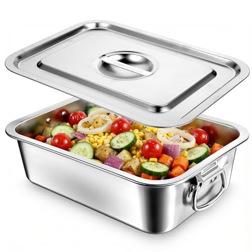 4 Inch Extra Deep Lasagna Pan with Lid and Handles, 14x10.6 Inch Stainless Steel Large Baking Dish Tray, Nonstick Lasagna Baking Thick Metal Roasting Pan for Casserole Brownie Turkey, Silver