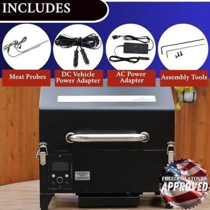 Portable Electric Smoker Grill by Freedom Stoves – 12V/120V Pellet BBQ for Camping, Tailgating & Backyard | Digital Control, Dual Probes, 8.5LB Hopper