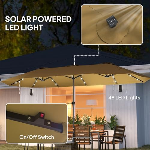 Outsunny 13ft Large Patio Umbrella with Solar Lights, Rectangular Double-Sided Outdoor Market Umbrella with Crank Handle and 48 LED Bulbs for Garden, Pool and Backyard, UPF 30+, Khaki