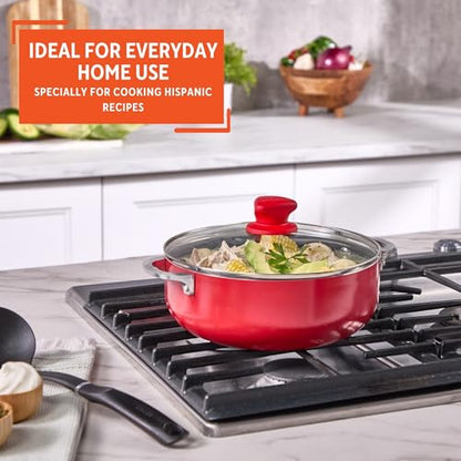 IMUSA 3.2 Qt Red Aluminum Dutch Oven with Black Ceramic Nonstick, Glass Lid & Riveted Handles – Oven Safe Caldero for Everyday Cooking