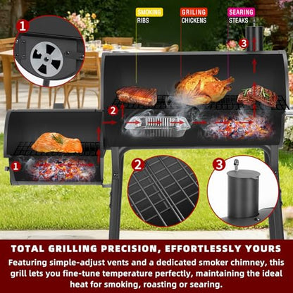 Charcoal Grill with Offset Smoker,BBQ Grills with Side Table,Outdoor Cooking with 535 Square Inches,Backyard Camping Picnics, Patio and Parties, Black by DNKMOR