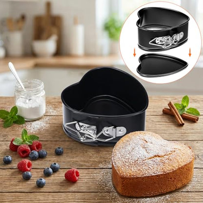 QWORK Springform Cake Pan Set - 4 Pack 4-Inch Non-Stick Leakproof Heart Shape Cheesecake Pan Baking Molds with Removable Bottom for Birthday Cakes