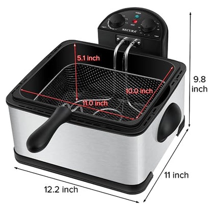 Secura 4 Liters / 17-Cup Stainless-Steel 1700-Watt Electric Deep Fryer with Timer Free Extra Odor Filter, Triple Basket, 4.5 Quarts, Silver