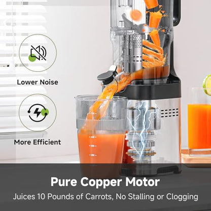 AMZCHEF Cold Press Juicer, 5.4" Juicer Machines with Large Feed Chute for Whole Fruits & Vegetables, Stainless Steel Juice Extractor with Large Auger, Dual Strainers, Easy Cleanup & Assembly