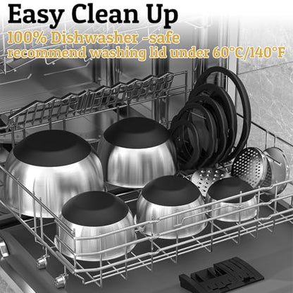 Mixing Bowls with Lids Set - Non-Slip, Airtight Warp-Proof TPR-AS Lids, Thicker Stainless Steel Bowls, Measurement Lines & 3 Graters, Prep Meal Bowl, Black Nesting Bowl for Kitchen, 5/3/2/1.5/0.63QT