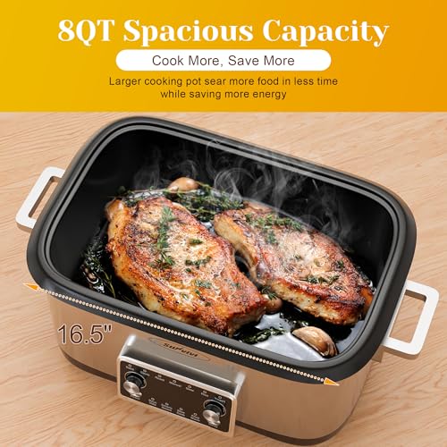 SUNVIVIPRO 12-in-1 Programmable Slow Cooker, 8 Quart Digital Multi-Cooker Food Warmer with Timer, Temp Control & Auto Shut Off, Removable Non-Stick Pot, Dishwasher-Safe Glass Lid, Stainless Steel