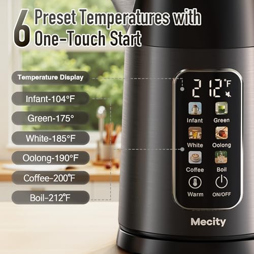 Mecity Electric Kettle 1.7L Touch Screen Temperature Control Water Boiler, No Plastic Contact with Water. 6 Preset Temperature Programs, 2 Hours Keep Warm, Auto Shut Off, Dark Grey