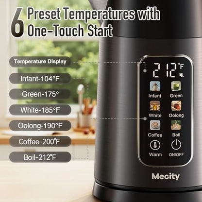 Mecity Electric Kettle 1.7L Touch Screen Temperature Control Water Boiler, No Plastic Contact with Water. 6 Preset Temperature Programs, 2 Hours Keep Warm, Auto Shut Off, Dark Grey