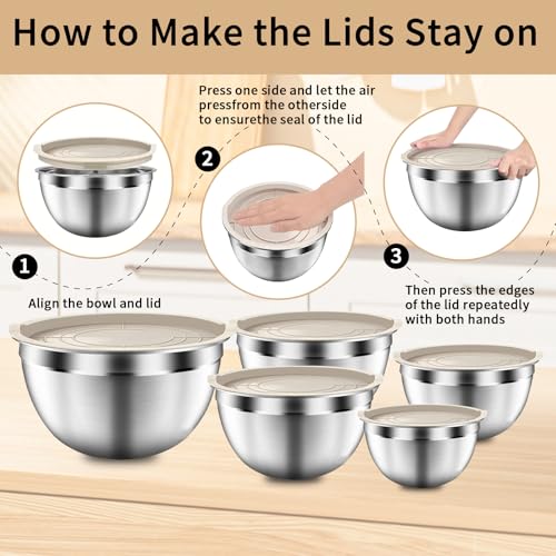 ZEENSUY Mixing Bowls with Airtight Lids Set, 5 PCS Stainless Steel Khaki Nesting Bowls for Kitchen, Large Prep Metal Mixing Bowls for Kitchen, 5.5/4/3.5/2/1.5 QT for Mixing & Serving