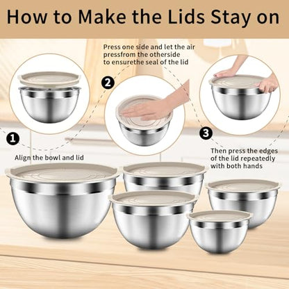 ZEENSUY Mixing Bowls with Airtight Lids Set, 5 PCS Stainless Steel Khaki Nesting Bowls for Kitchen, Large Prep Metal Mixing Bowls for Kitchen, 5.5/4/3.5/2/1.5 QT for Mixing & Serving