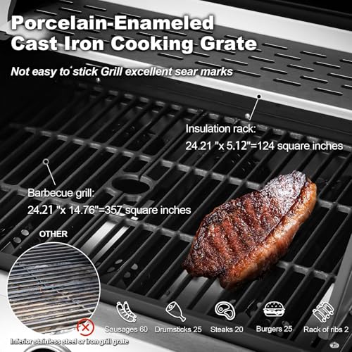 MELLCOM Upgraded 44,000 BTU Stainless Steel Burner Barbecue Grill, 4 Burner BBQ Propane Gas Grill with Side Stove & Cast Iron Grates for Patio, Camping, Outdoor Cooking