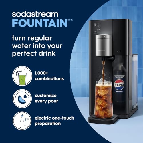 Sodastream Fountain |Soda Machine and Sparkling Water Maker Starter Kit (Silver/Black) With 60L CO2 Canister, Water Tank, 2 Flavor Connectors and Pepsi Zero Flavor