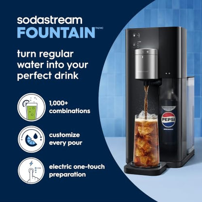 Sodastream Fountain |Soda Machine and Sparkling Water Maker Starter Kit (Silver/Black) With 60L CO2 Canister, Water Tank, 2 Flavor Connectors and Pepsi Zero Flavor