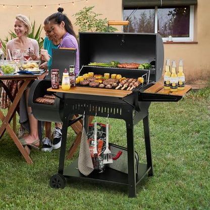 Grills House Barrel Charcoal Grill with Offset Smoker, 824 Sq. In. Cooking Area, Wooden Front Shelf, Bottom Shelf, Blow-Molded Wheels, Outdoor Charcoal Grill for Backyard Cooking, Black,CC1831W