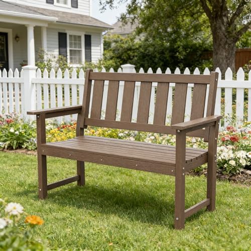 ACUEL HDPE Outdoor Bench – 50'' Weatherproof Durable Garden Bench, 2-Person Park Bench, Multi-Purpose Design Ideal for Porch, Patio, Church, and School (Brown)