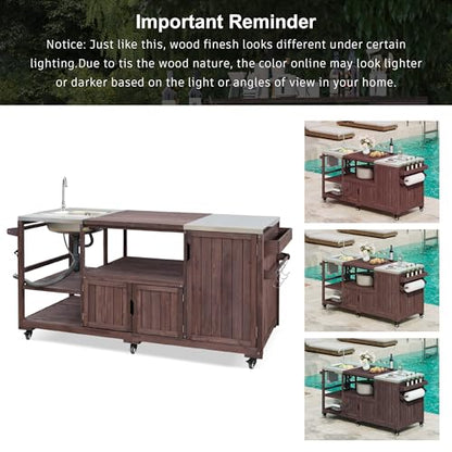 TEVUTEVU 75.4" Outdoor Kitchen Island with Sink, Solid Wood Grill Cart, Rolling BBQ Prep Station with Stainless Steel Top, Towel Rack & Spice Rack, BBQ Cart (Grills NOT Included) (Brown, 75.4 inch)