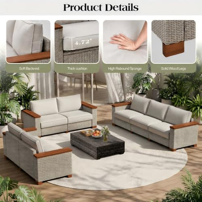 PaPaJet 6-Piece Wicker Patio Furniture Set with Solid Wood Armrest, Outdoor Patio Set with Thick Legs, UV-Resistant Modular Outdoor Sectional Sofa for Backyard, Porch, Garden
