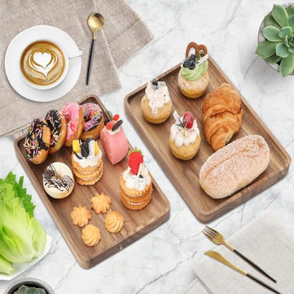 2 PCS 16 x 12 in Large Solid Acacia Wood Serving Trays Rectangular Wooden Serving Platters Natural Wooden Boards for Bar Coffee Party（Wood Log Color）