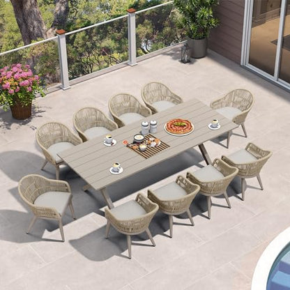 PURPLE LEAF 11 Pieces Patio Dining Set with Outdoor Aluminium Dining Table and Woven Rattan Chairs Modern Metal Furniture Cushions Sets for Garden Yard Indoor Decor Kitchen Champagne