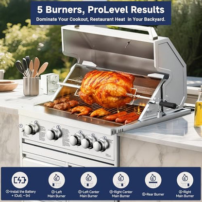 BODEGA Gas Grill Built-In Head, 30-Inch 5-Burner Propane Grill, LP Gas & Natural Gas Convertible, Heavy Duty 304 Stainless Steel 58000-BTUs BBQ Island Kitchen Gas Grill Outdoor Cooking.