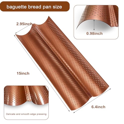 Logario Baguette Pan Set of 2 with Proofing Cloth, Nonstick 2-Slot French Bread Baking Pan for Homemade Baguette, Carbon Steel Vintage Bronze Tray, Bakeware for Artisan Homemade Bread