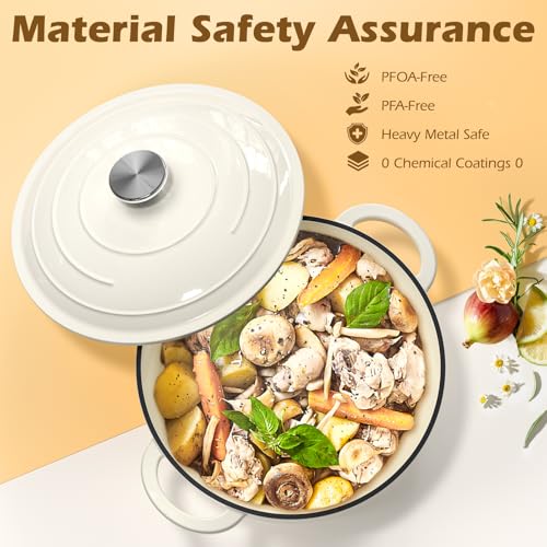 Enameled Cast Iron Dutch Oven - Umite Chef 5QT Pot with Lid & Cotton Potholders - Heavy-Duty Cookware for Bread Baking, Braising, Stews, Roasting(Cream White)