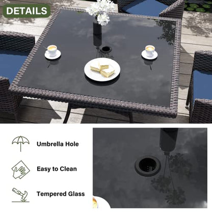 Kurapika 10-Piece Patio Furniture Outdoor Dining Set, Wicker Rattan Patio Dining Table and Chairs Set, Square Tempered Glass Tabletop with Umbrella Hole and 8 Chair Set, for Patio, Backyard, Navy Blue