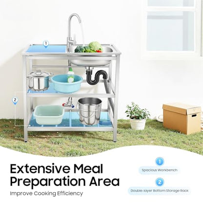 DYRABREST 75x40x78cm Outdoor Kitchen Sink with Workstation, Heavy-Duty Stainless Steel Freestanding Sink with 2-Tier Storage Racks, 360° Swivel Faucet, Adjustable Feet for Backyards, Cafes
