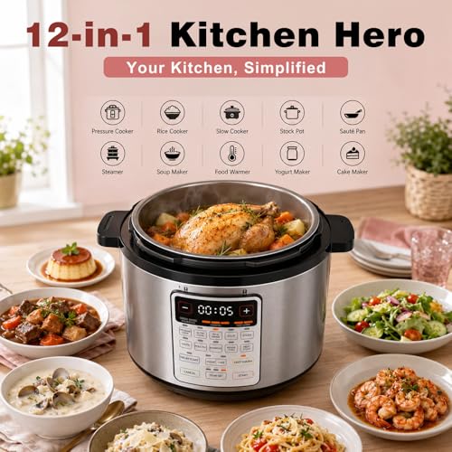 VAJ 8-Quart Electric Pressure Cooker, 12-in-1, 14 Presets, 1200W, Silver