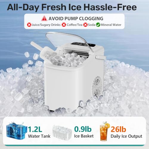 OLIXIS Countertop Ice Maker with Self-Cleaning, Portable Ice Maker Machine with Scoop, 26Lbs/24H, 9 Cubes in 6 Mins, 2 Sizes of Bullet for Home, Kitchen, Office, White