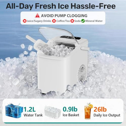 OLIXIS Countertop Ice Maker with Self-Cleaning, Portable Ice Maker Machine with Scoop, 26Lbs/24H, 9 Cubes in 6 Mins, 2 Sizes of Bullet for Home, Kitchen, Office, White