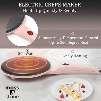 Moss & Stone Pink Electric Crepe Maker, 8" Portable Nonstick Crepe Pan