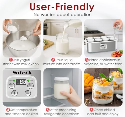 Suteck Yogurt Maker with 8 Glass Jars – Time & Temp Adjustable, Homemade Greek & Probiotic Yogurt, Automatic Shut-Off, BPA-Free, Total 48 oz, White