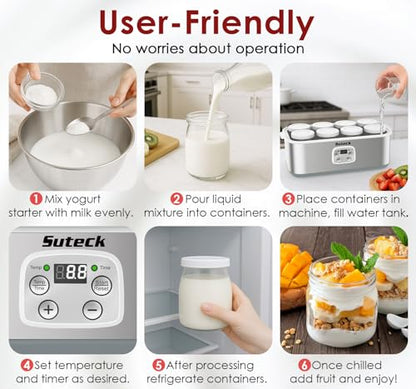 Suteck Yogurt Maker with 8 Glass Jars – Time & Temp Adjustable, Homemade Greek & Probiotic Yogurt, Automatic Shut-Off, BPA-Free, Total 48 oz, White