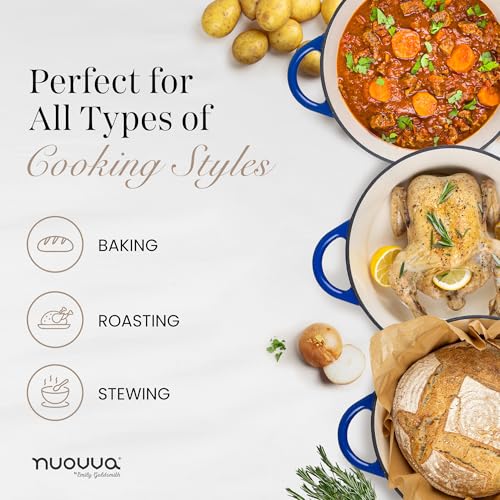 Cast Iron Pot with Lid-Non-Stick Ovenproof Enamelled Casserole Pot, Oven Safe up to 500° F-Sturdy Dutch Oven Cookware - Dark Blue, 5-Quart, 24cm by- Nuovva