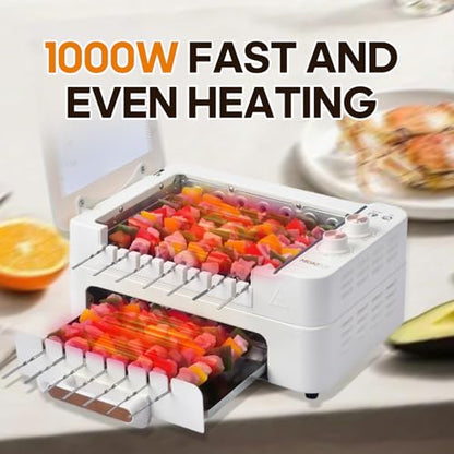 MIOAOTCE 3-IN-1 Skewer Electric Indoor Grill - 1000W Electric Grill with 360° Auto-Rotating, Smokeless Indoor Grill with 3 Cooking Modes, Temperature Adjustable, Removable Tempered Glass Lid