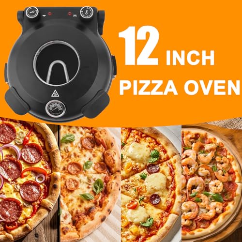ECUMFFY Pizza Oven Indoor, 12 Inch Retro Pizza Maker, Rapid Heating 800˚F, 1200W Glazed Ceramic Stone Electric Pizza Cooker, Two-button Precise Temperature Control, Viewing Window for Precise Cooking