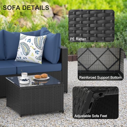 Patio Furniture Set, 5PCS Outdoor Sectional w/ Ottoman & Cushion, Navy Blue