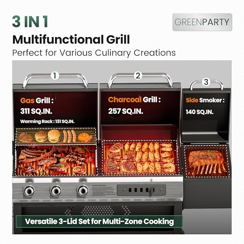 3-Burner Gas and Charcoal Grill Combo with Offset Smoker, 30,000 BTU Dual Fuel Grill, 839 Sq. In. Cooking Area BBQ Grill, Ideal for Outdoor Cooking Patio Backyard Balcony