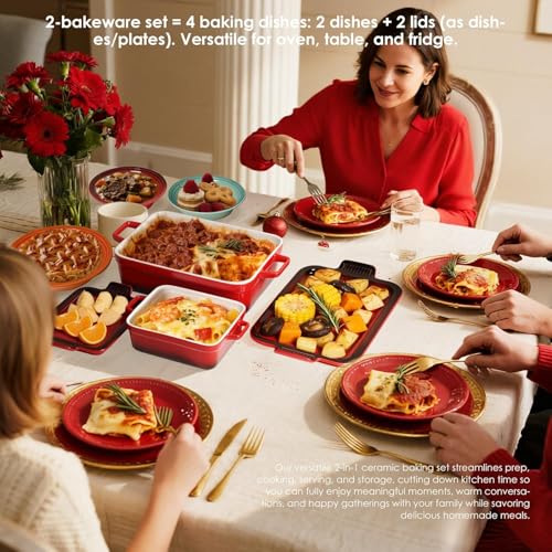 ACMLIFE Ceramic Casserole Dishes with Lids, Baking Dish for Oven with Lid, Stoneware Rectangular Dish 4 Pcs Set, Red 2-in-1 Bakeware Set (13"x8"+8"x6"), Large 3.06 Qt & Small 0.95 Qt Ceramic Bakeware, Casserole Dishes for Oven Baking Pan with Handles, Ide