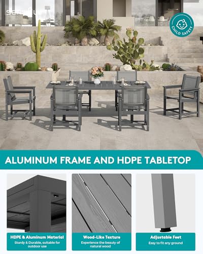 SERWALL 9-Piece Outdoor Dining Set, 60" - 83" Expandable Patio Dining Table with 8 Breathable Textilene Chairs, All Weather HDPE Patio Furniture Set, Grey